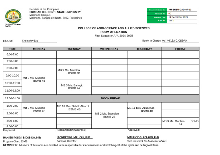 Chemistry Lab Room Schedule 2024-2025 | PDF