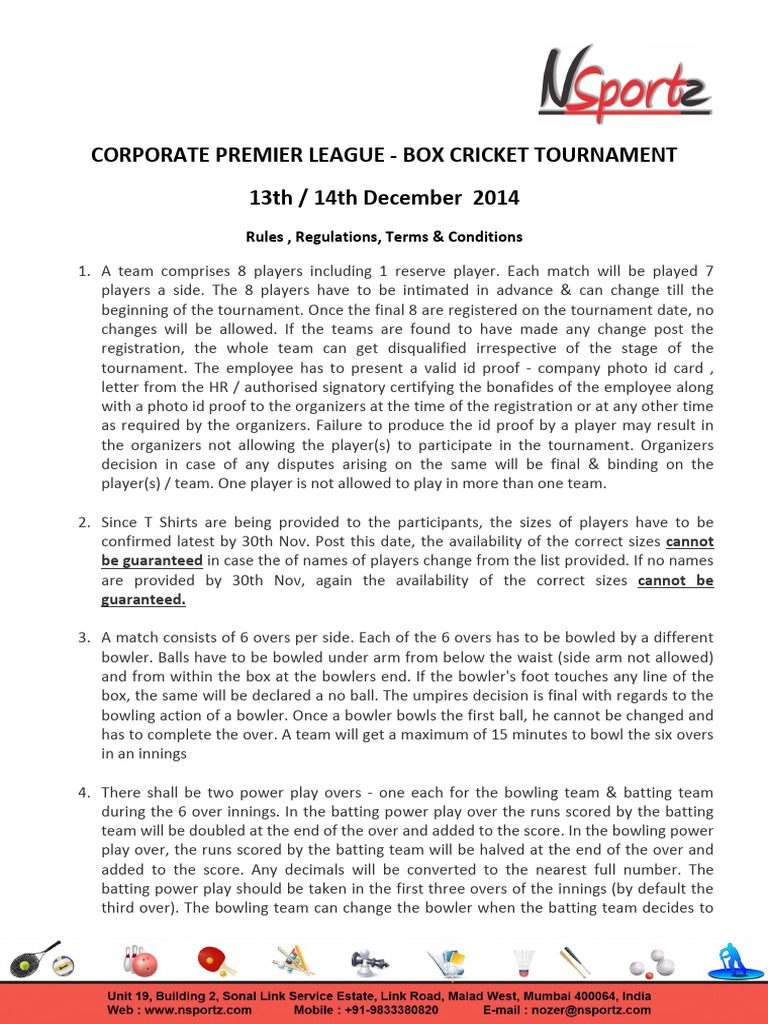 Corporate Premier League Box Cricket Rules | PDF | Bowling (Cricket ...