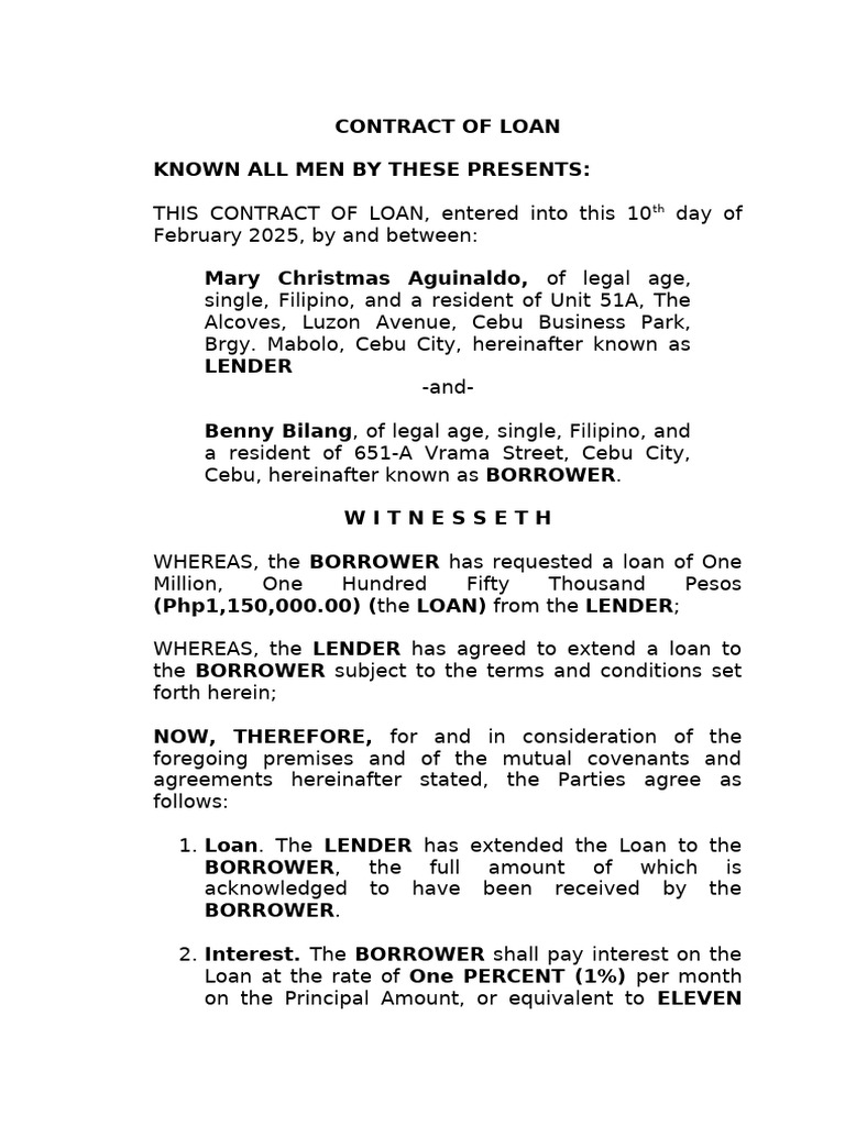 Comm Law 1 - Draft Contract of Loan | PDF | Loans | Interest