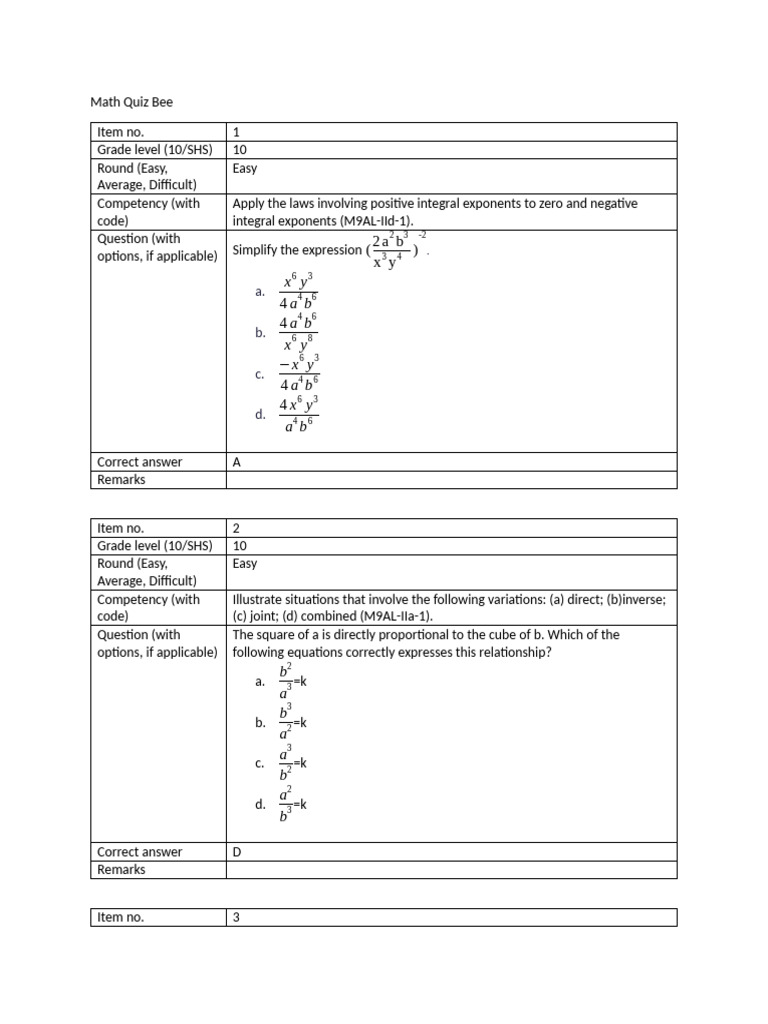 Math Quiz Bee for Grade 10 Students | PDF | Quadratic Equation ...