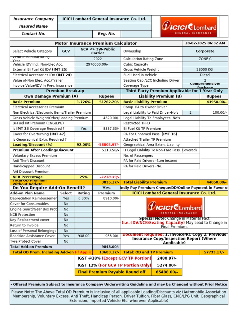 ICICI Lombard Motor Insurance Calculator | PDF | Insurance | Vehicle ...
