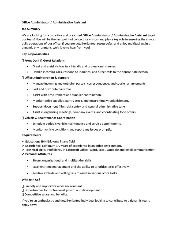 Office Administrator - Vacancy Posting | PDF
