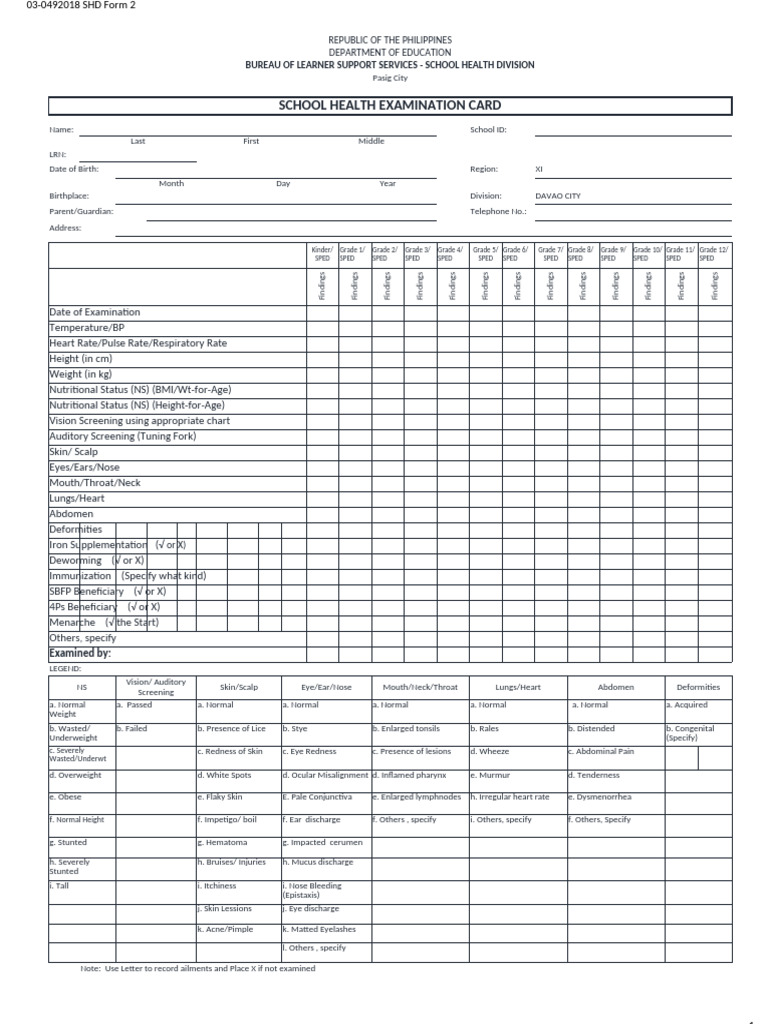 School Health Examination Card Form | PDF | Dentistry | Periodontology
