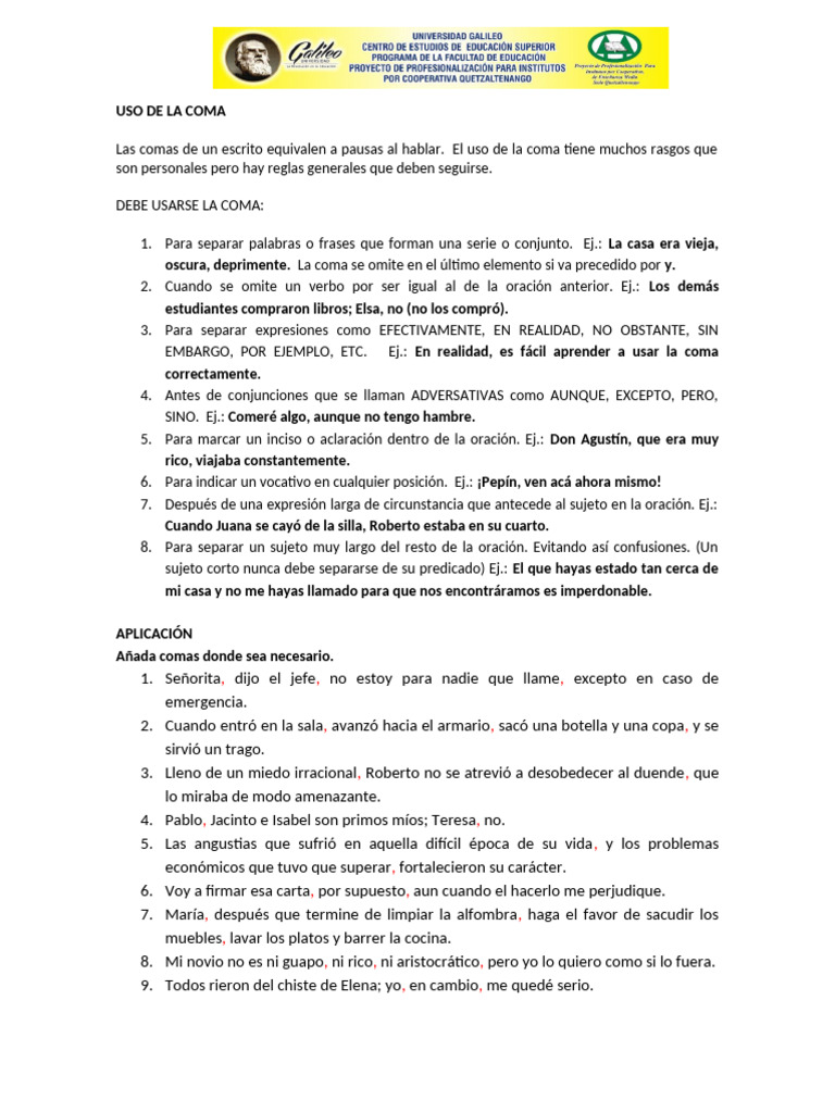 Reglas y Ejercicios del Uso de la Coma | PDF | Oración (Lingüística ...