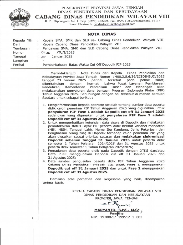 Nd Pemberitahuan Batas Waktu Cut Off Dapodik Pip 2025 Pdf