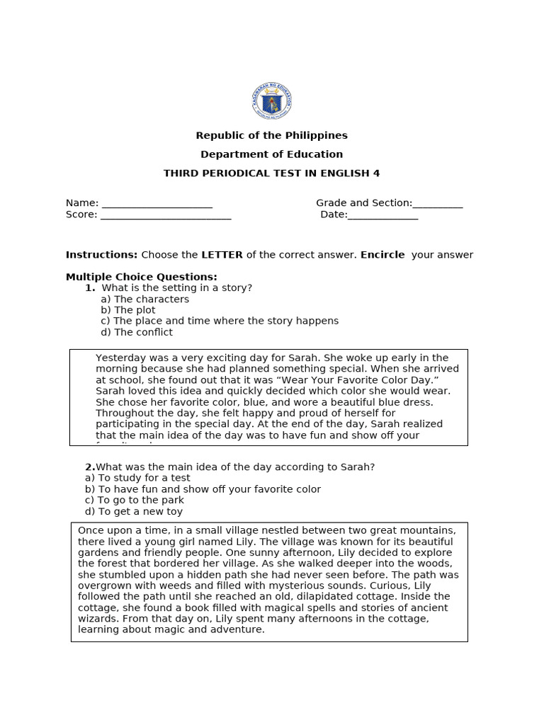 English 3rd Quarter Test Questions Portrait | PDF | Nonverbal Communication