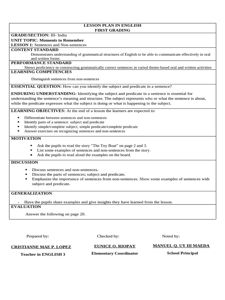 Grade 3 English Lesson Plans: Sentences | PDF | Grammatical Gender | Plural