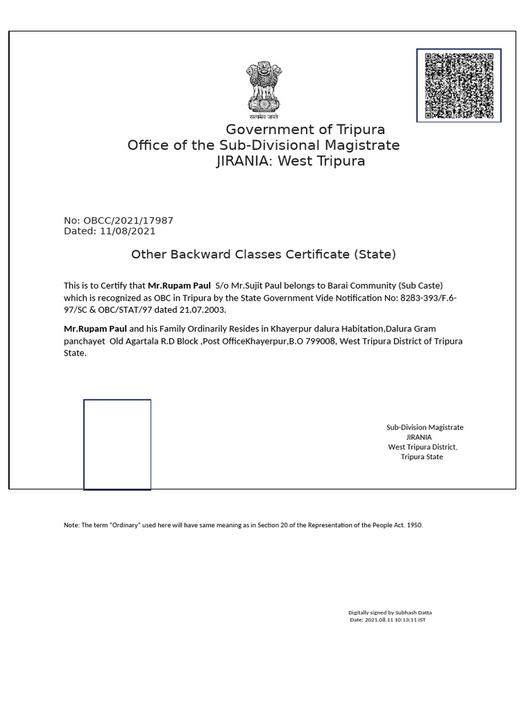 Tripura OBC Certificate for Rupam Paul | PDF