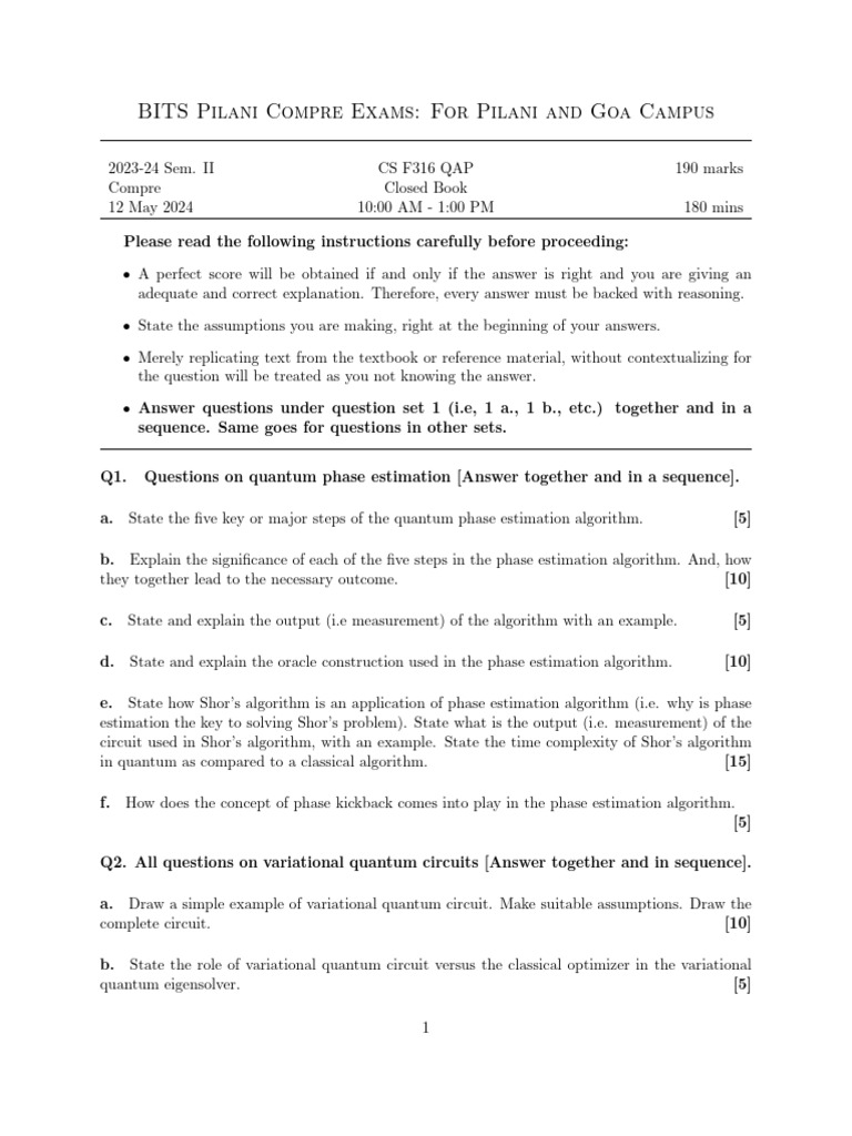 BITS Pilani CSE Compre Exam 2023-24 | PDF | Quantum Mechanics ...