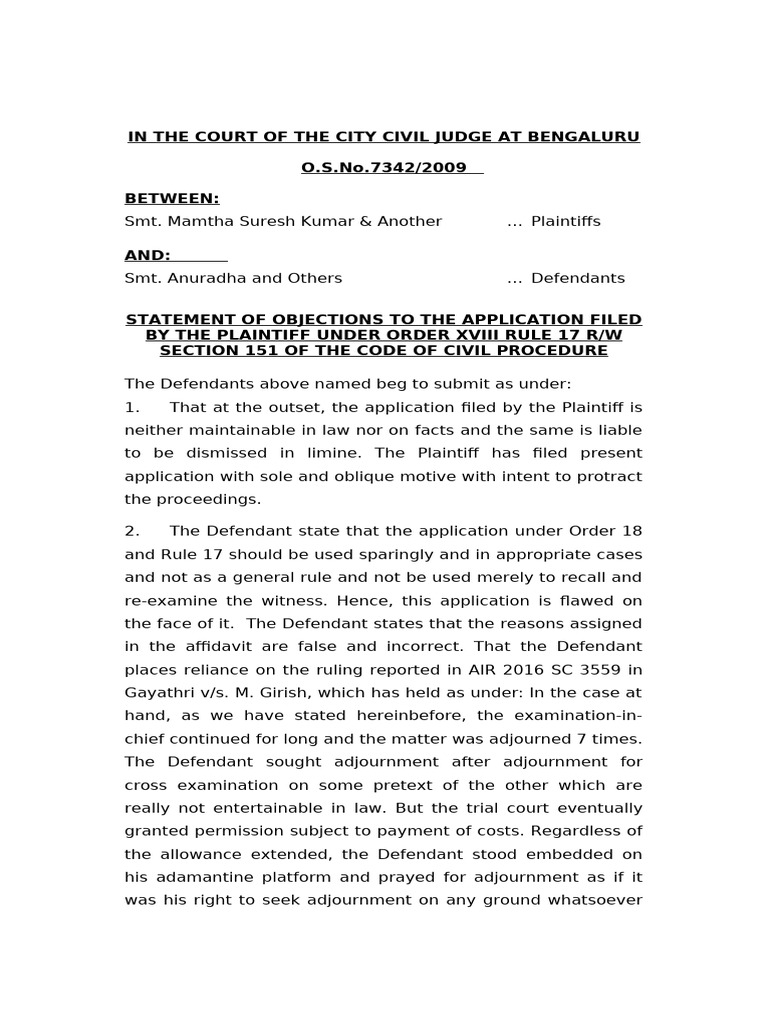 Objections to Plaintiff's Application in Court | PDF | Judiciaries ...