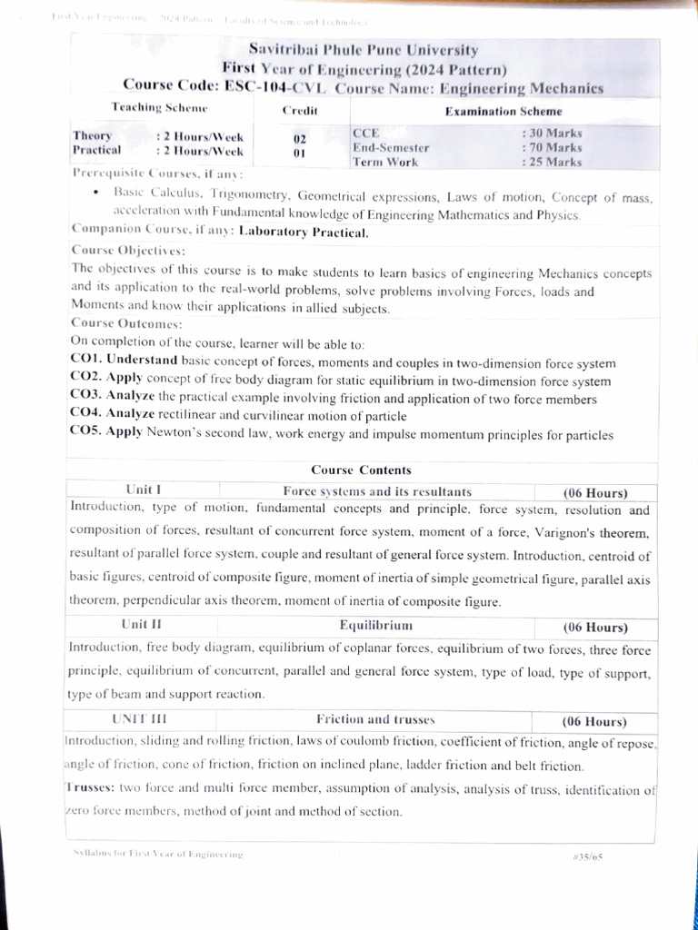 Engineering Mechanics Syllabus 2024 | PDF | Force | Friction