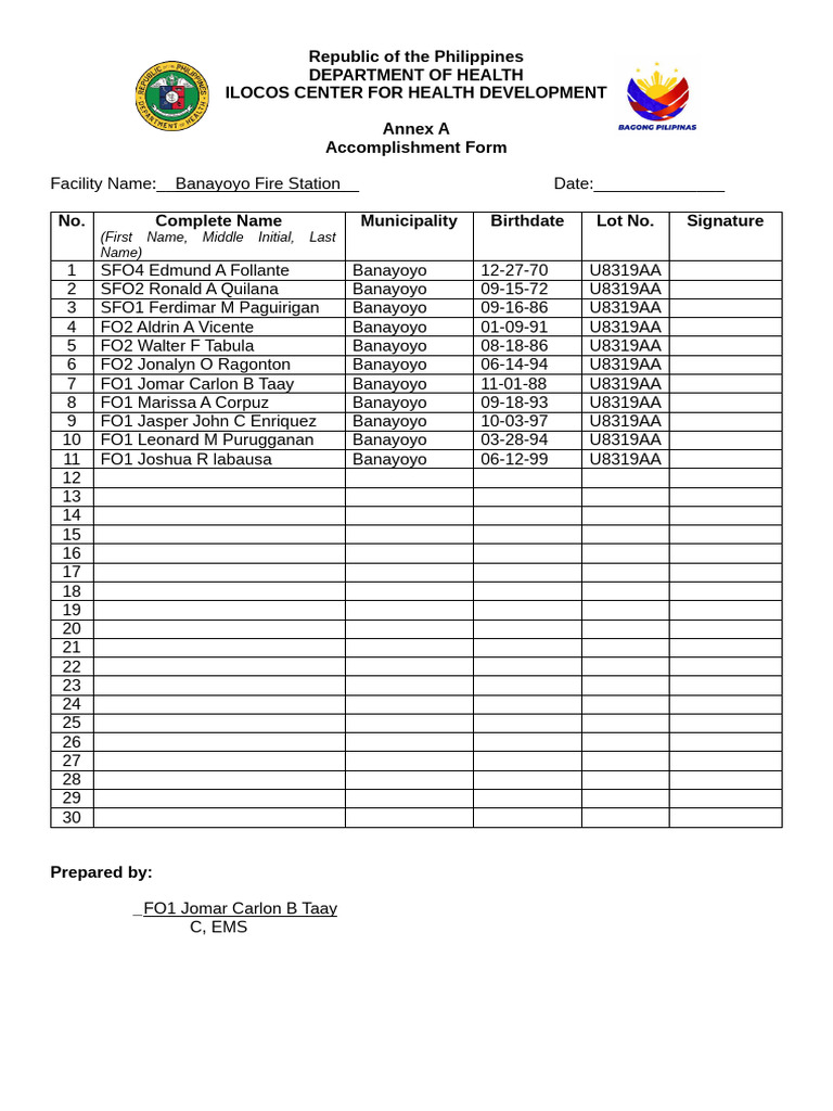 DOH Form | PDF