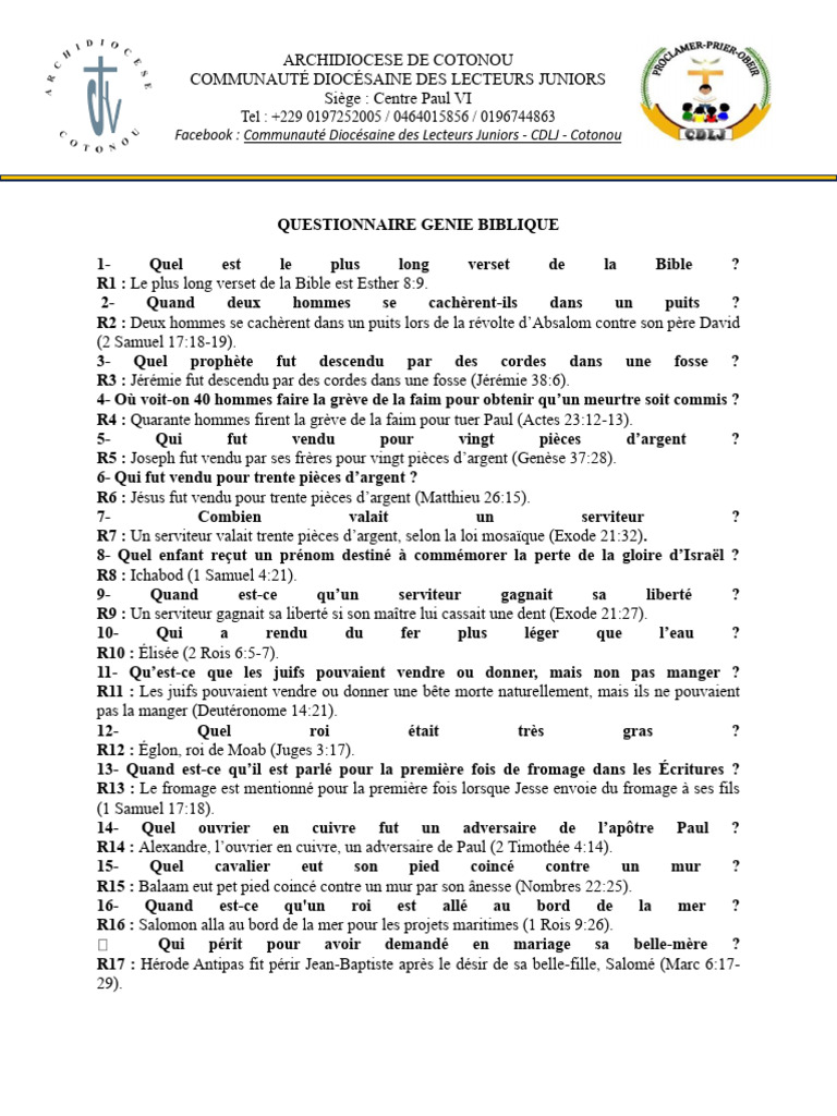 Nouveau Questionnaire Génie Biblique | PDF | Livres des Rois | David