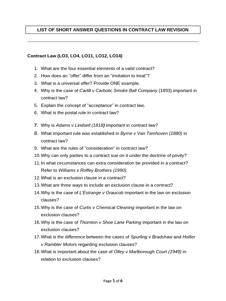 SAQs CONTRACT LAW REVISION | PDF | Misrepresentation | Breach Of Contract