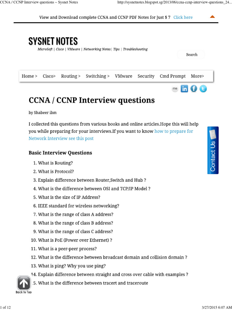 CCNA - CCNP Interview Questions Sysnet Notes | PDF | Communications ...