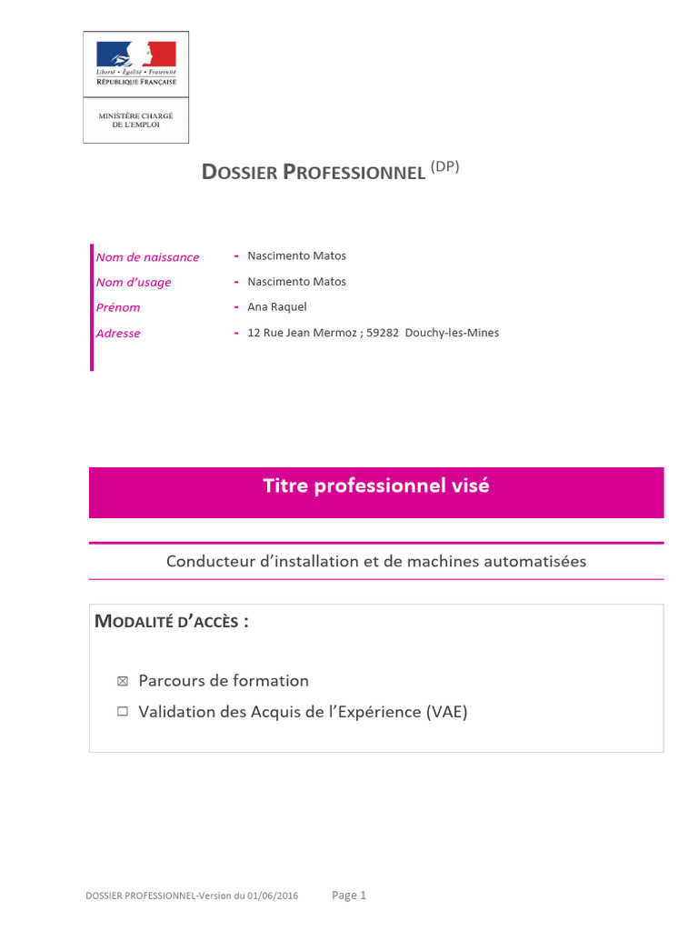 Dossier Professionnel Conducteur Machines | PDF