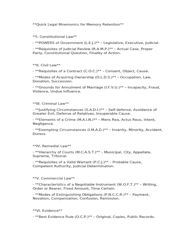 Quick Legal Mnemonics For Memory Retentio1 | PDF