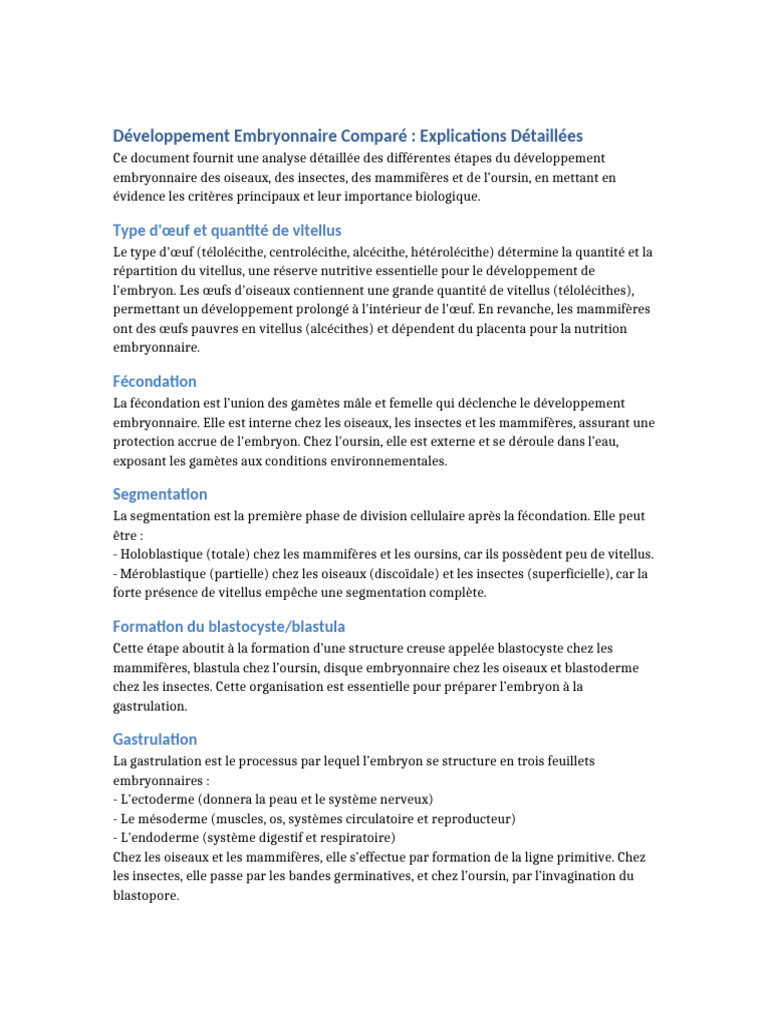 Développement Embryonnaire Comparé | PDF | Processus biologiques ...