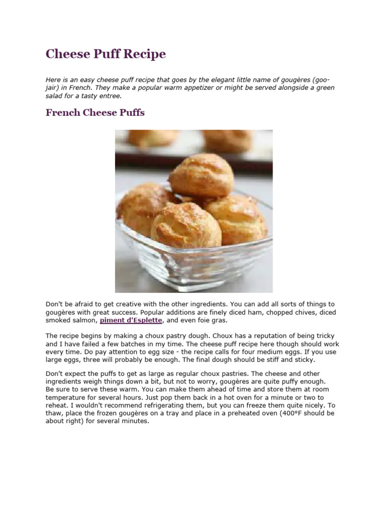 Easy Gougères: French Cheese Puffs Recipe | PDF | Teaspoon | Foods