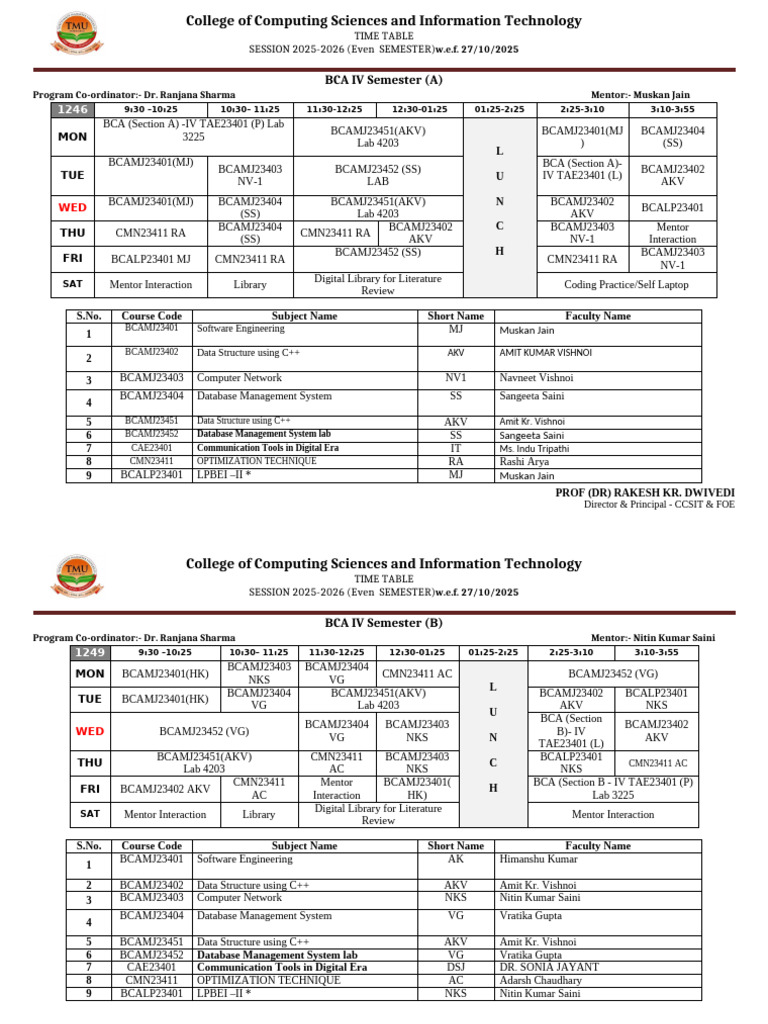 BCA IV Semester Timetable 2025-26 | PDF | Information Science | Data ...
