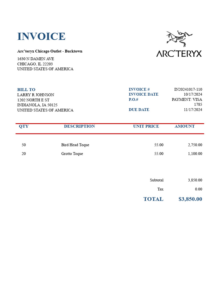 Arc'teryx Invoice for Toques | PDF
