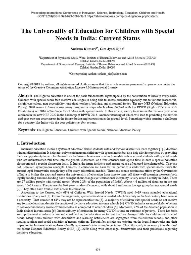 Current Status - Inc Education of Children With Special Needs | PDF ...