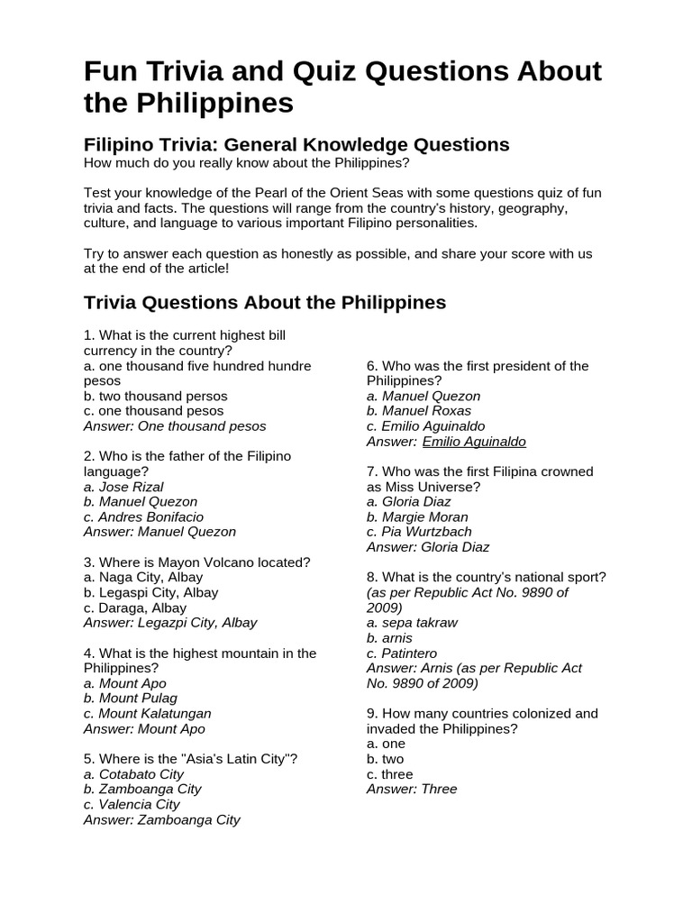 Fun Trivia And Quiz Questions About The Philippines Pdf Philippines