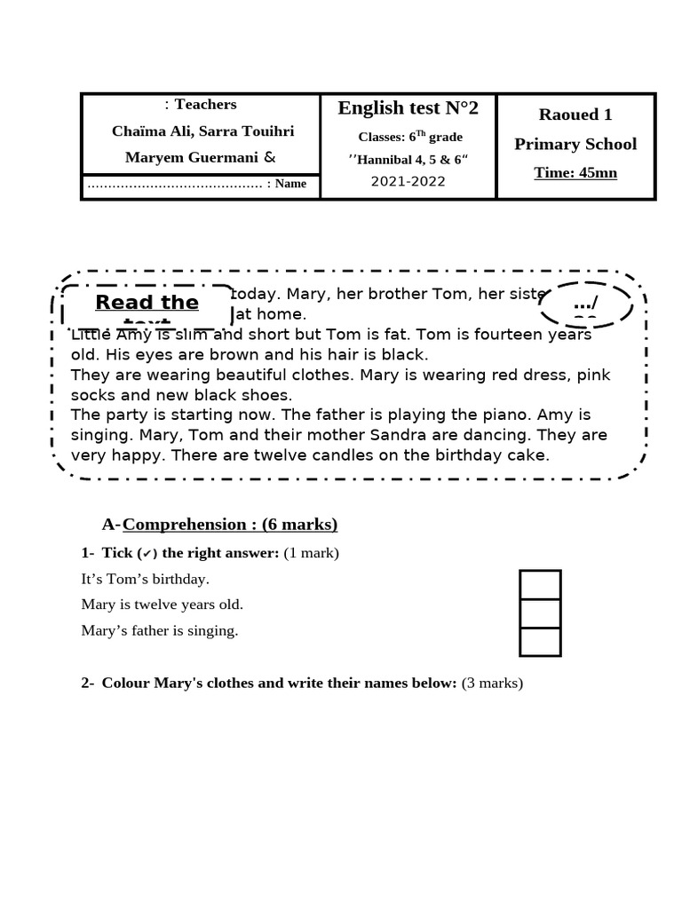 English Test 2 6th Grade Pdf