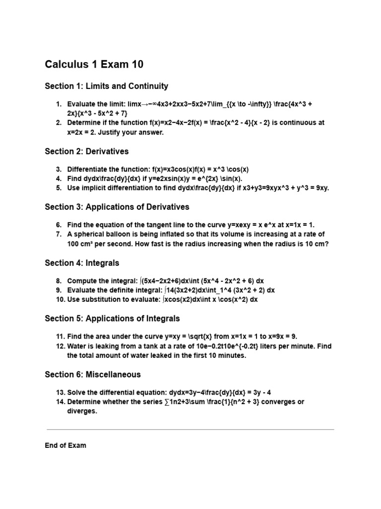 Calculus 1 Exam: Limits, Derivatives, Integrals | PDF