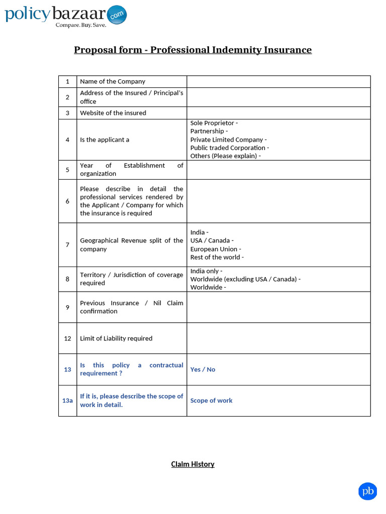 Professional Indemnity Insurance Proposal Form | PDF