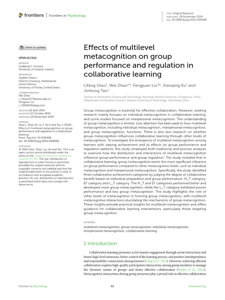 Effects of Multilevel Metacognition On Group Performance and Regulation ...