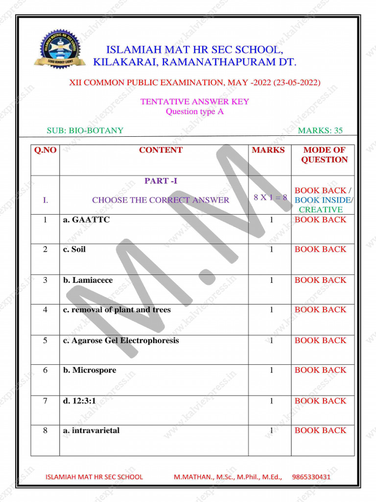 12 Bio Botany Answer Key May 2022 | PDF