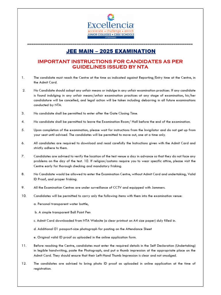 Jee Main 2025 - Important Instructions For Candidates As Per Guidelines ...