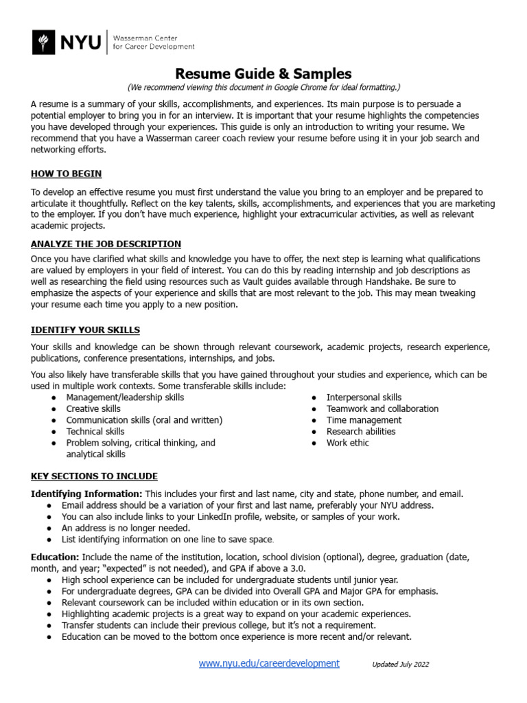 NYU Resume Guide and Samples Google - 1