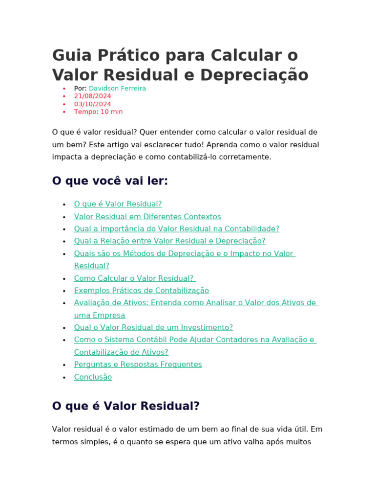 Cálculo de Valor Residual e Depreciação | PDF | Depreciação | Contabilidade