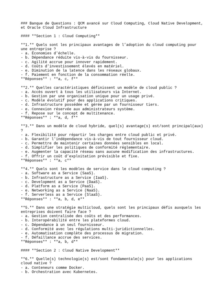 QCM Avancé sur Cloud Computing et OCI | PDF | Cloud computing ...