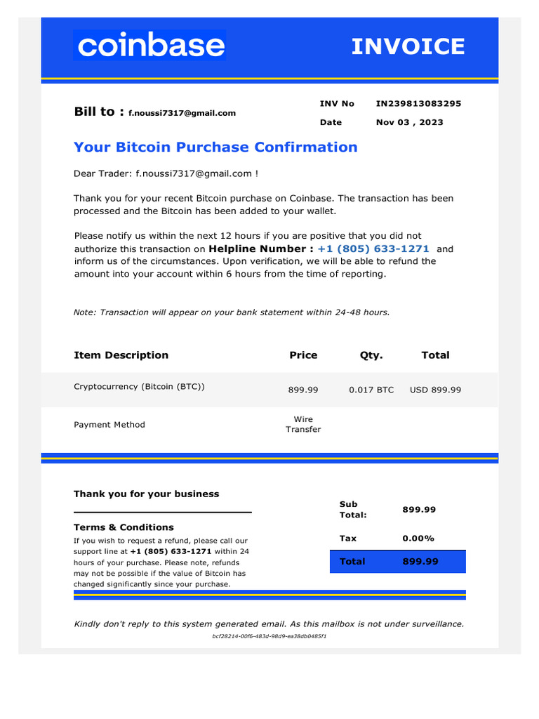 Bitcoin Purchase Confirmation Invoice | PDF