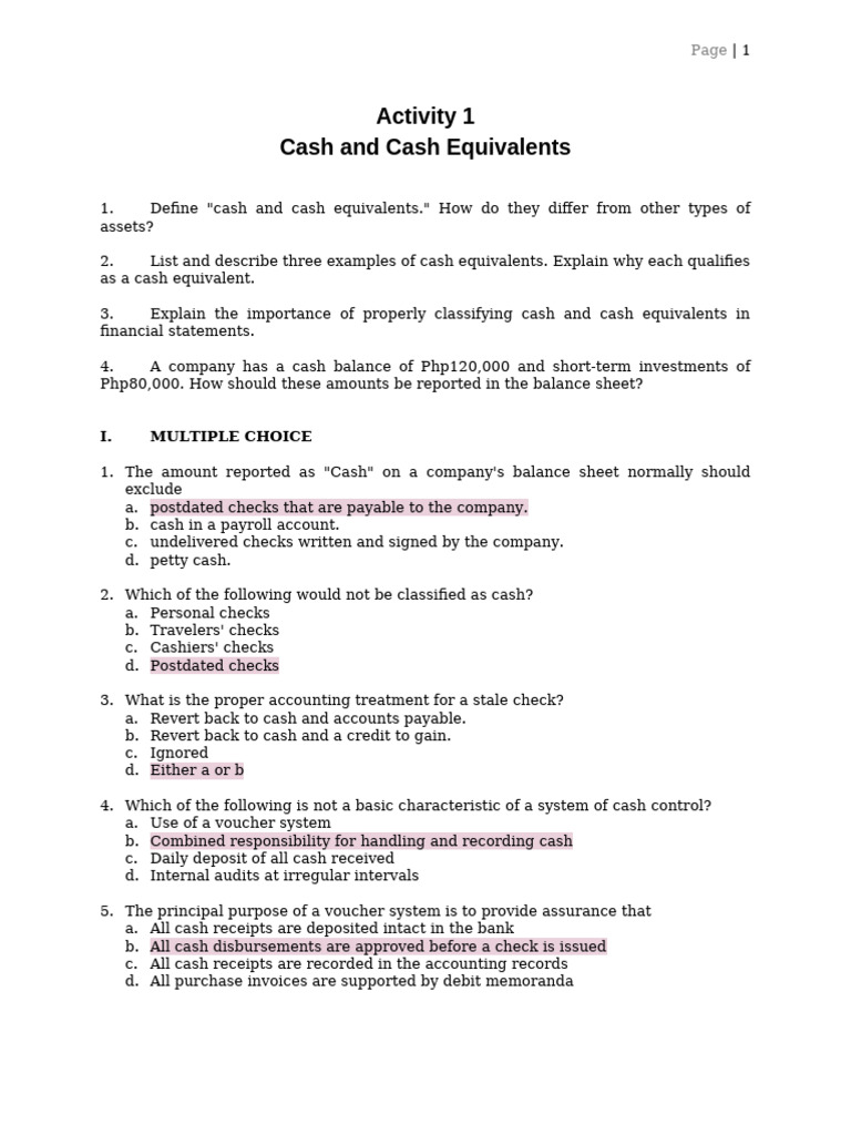 Activity 1 - Cash & Cash Equivalents | PDF | Cash And Cash Equivalents ...