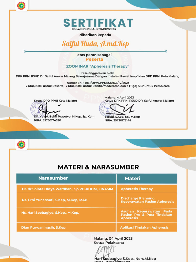 Saiful Huda, A.md - Kep - Sertifikat Apheresis | PDF
