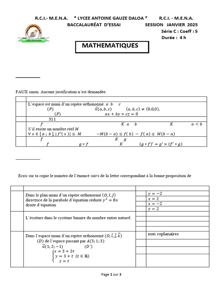 Bac Série C : Épreuve de Mathématiques | PDF | Objets mathématiques ...