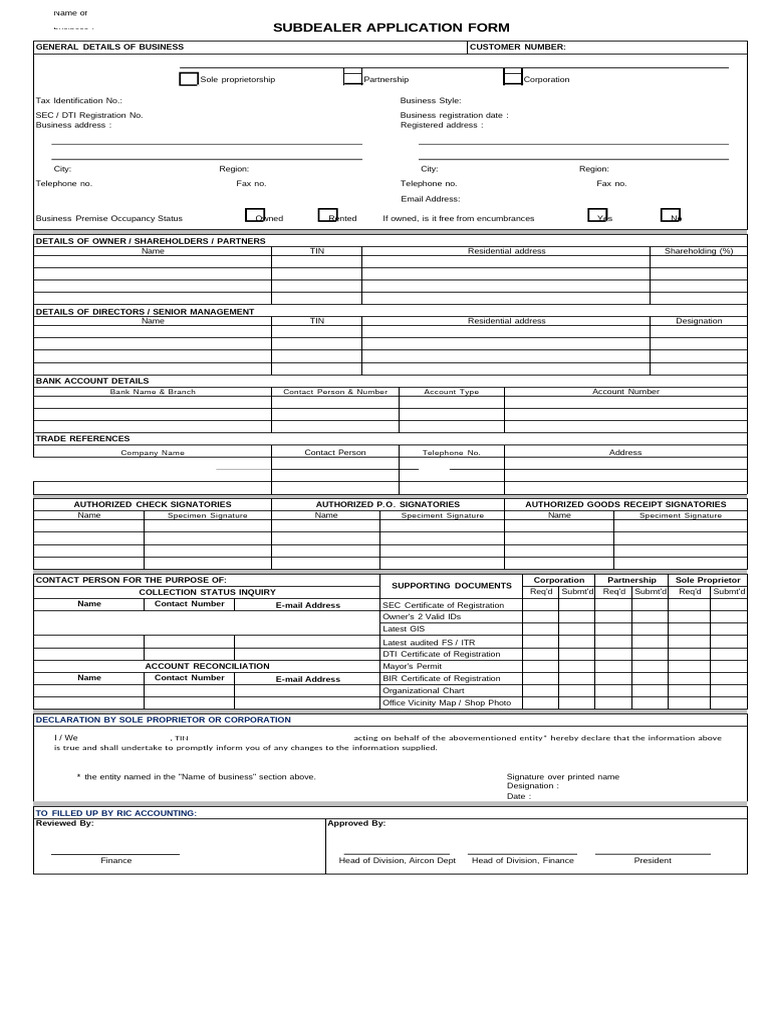 Subdealer Application Form Template | PDF | Sole Proprietorship | Business