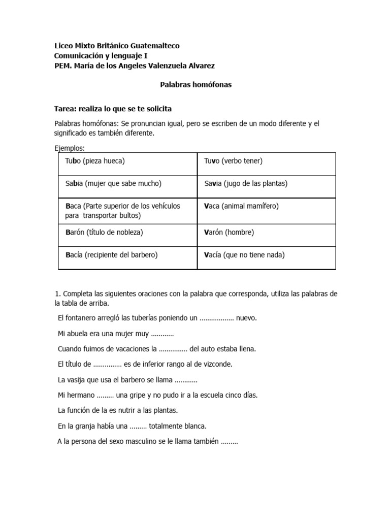 Palabras Homófonas: Ejercicios y Ejemplos | PDF