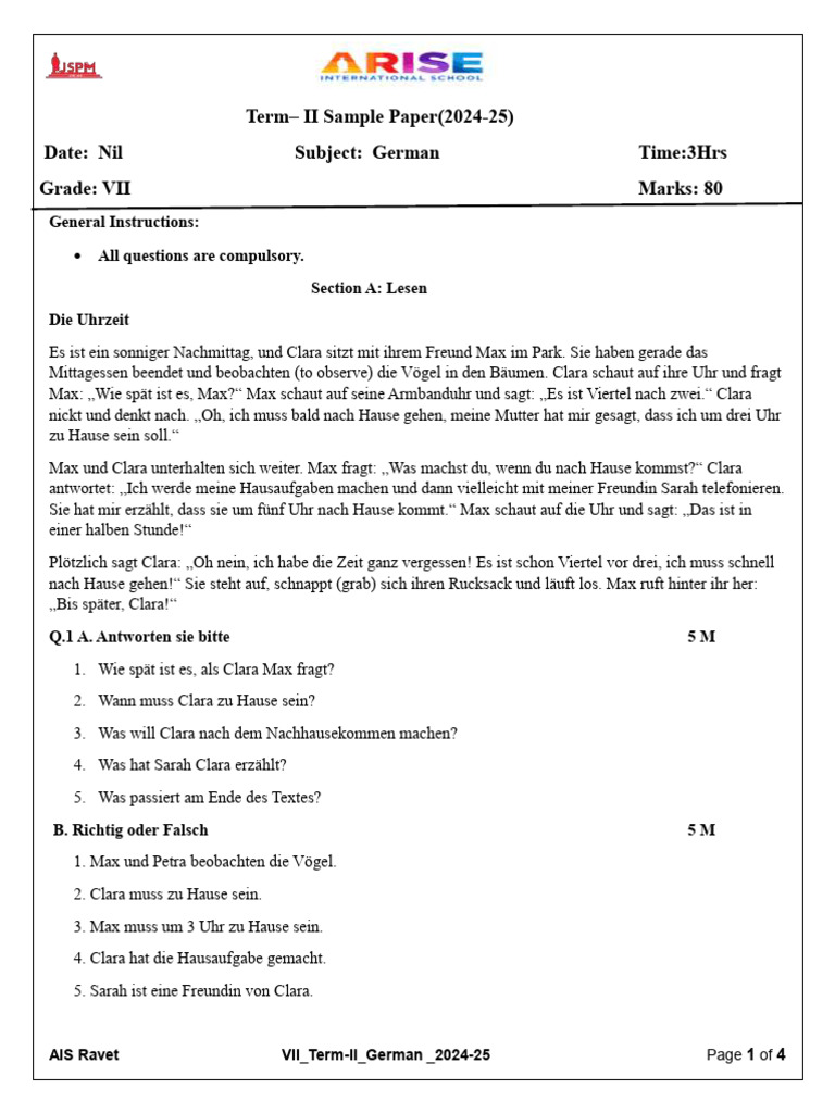 Gr7 German Sample Paper | PDF