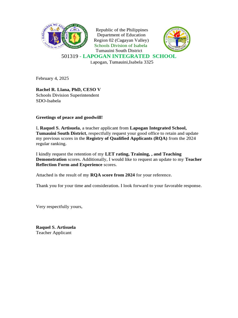 Teacher Applicant RQA Score Update Request | PDF
