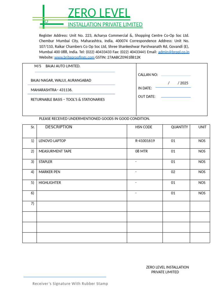 Bajaj Tools & Equipment Returnable Goods | PDF