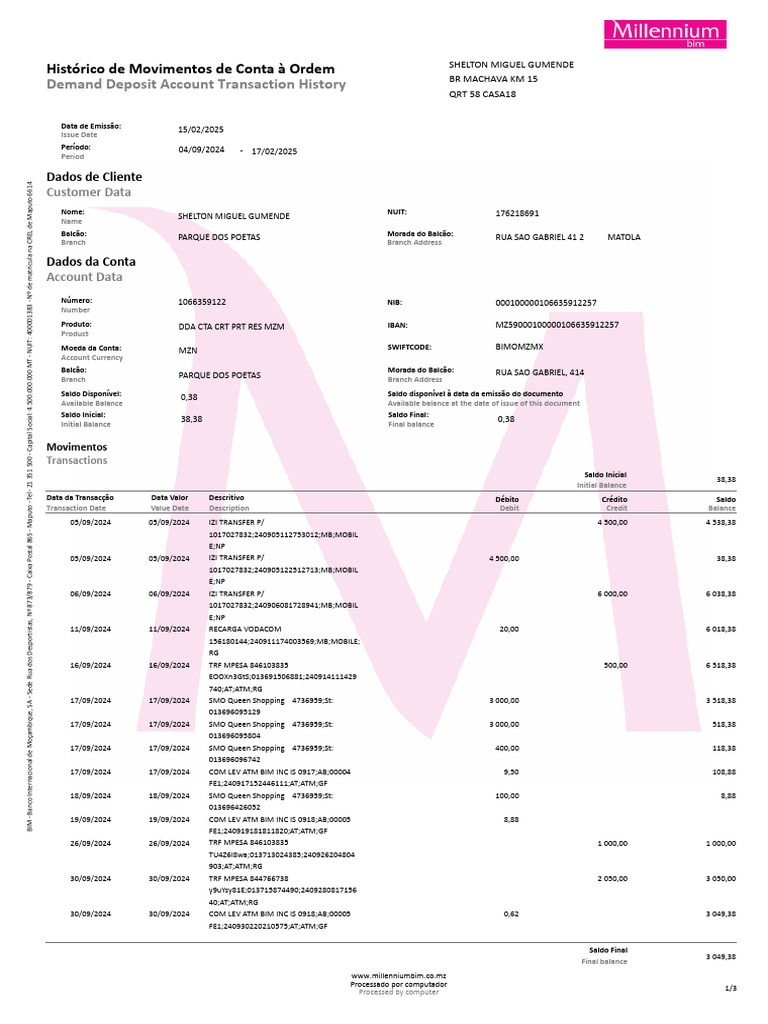 Bank Statement: Millennium BIM Sample | PDF | Money | Corporate Jargon