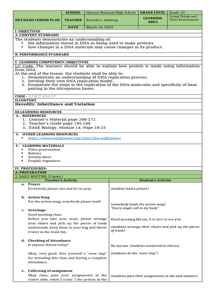 Grade 10 DNA Replication Lesson Plan | PDF | Dna | Rna