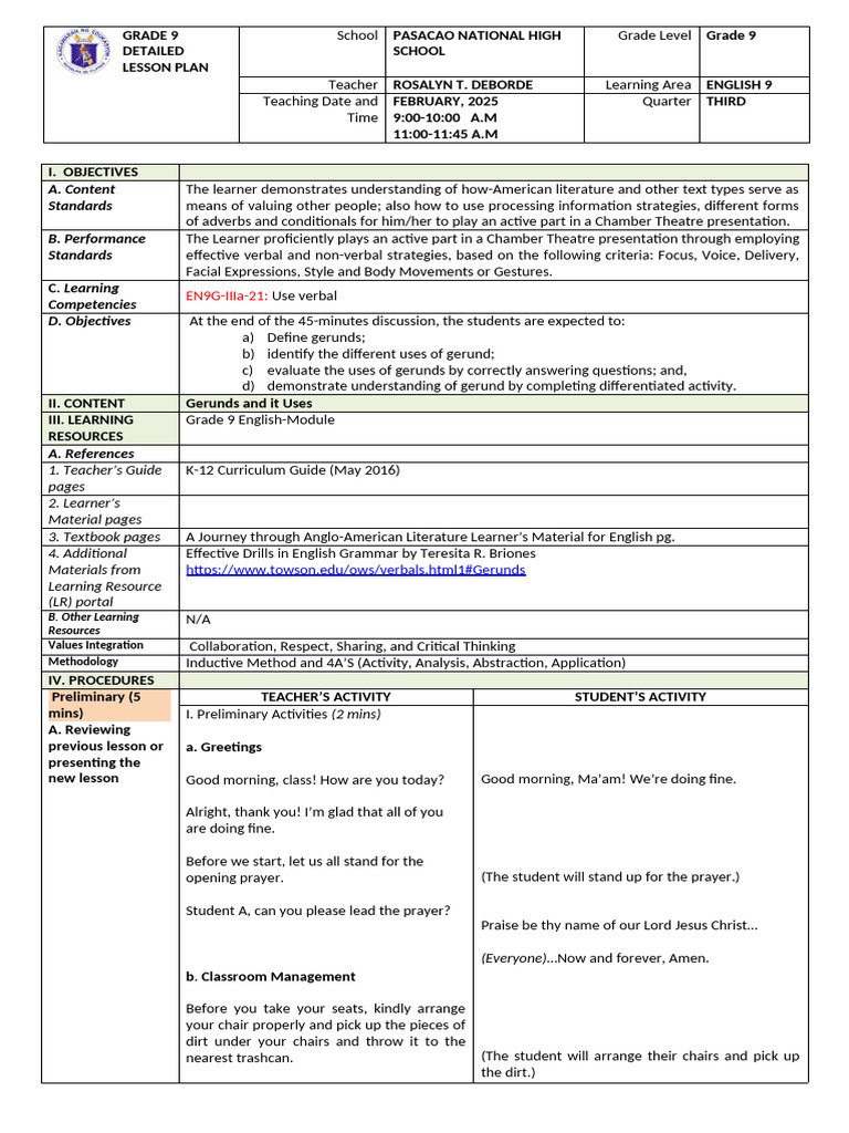 Grade 9 English Lesson Plan: Gerunds | PDF | Verb | Subject (Grammar)