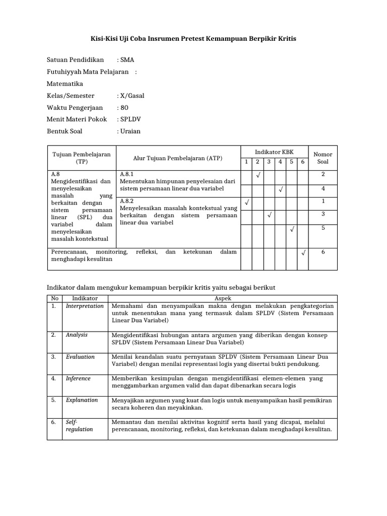 Kisi-Kisi Pretest Berpikir Kritis Matematika | PDF