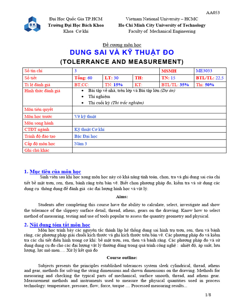 DCCT Mon DUNG SAI VA KY THUAT DO - ME3003 | PDF
